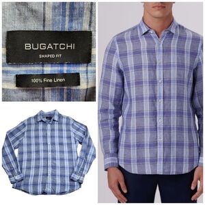Bugatchi Julian Plaid Check Linen Shirt BS5276L4S Denim Blue Mens Sz Med